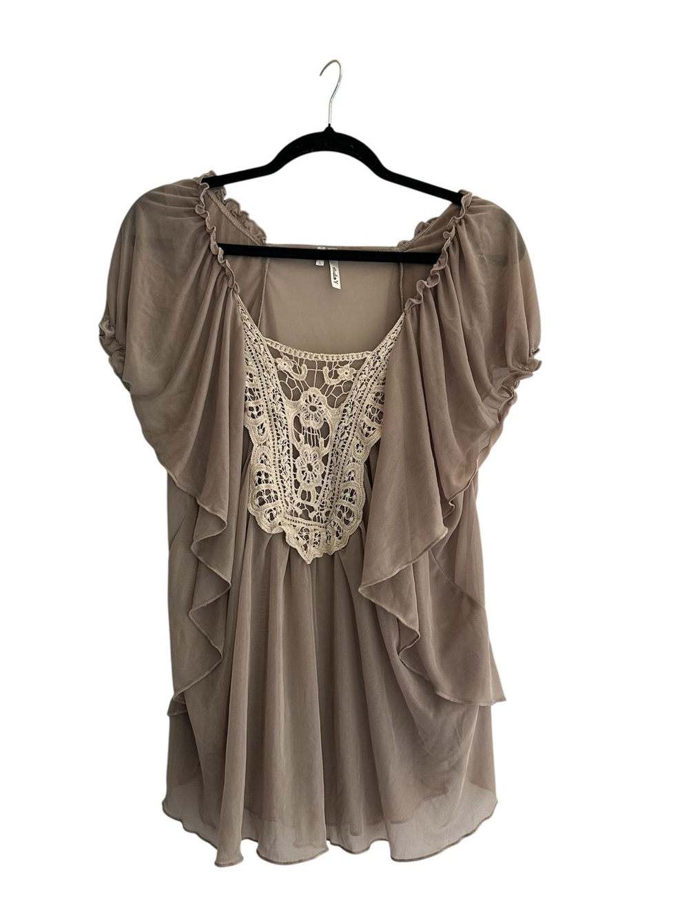 Women’s Taupe Crochet-Accent Flutter Sleeve Top